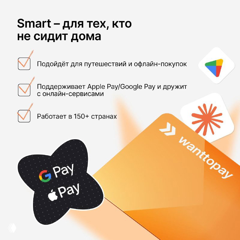 Инфографика тарифа Smart: предназначена для путешествий и офлайн-покупок, поддерживает Apple Pay и Google Pay, работает в более чем 150 странах.
