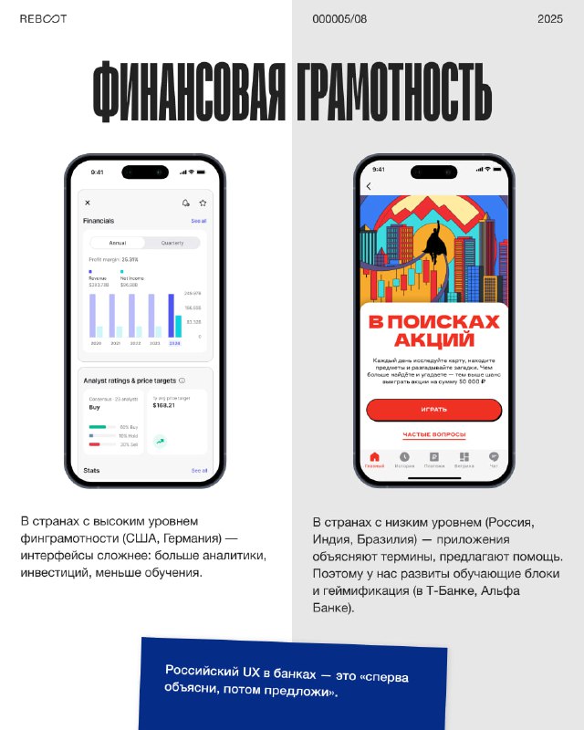 Слайд о финансовой грамотности: два мобильных приложения с разным дизайном подачи финансовой информации — более сдержанный и более агрессивный маркетинг.