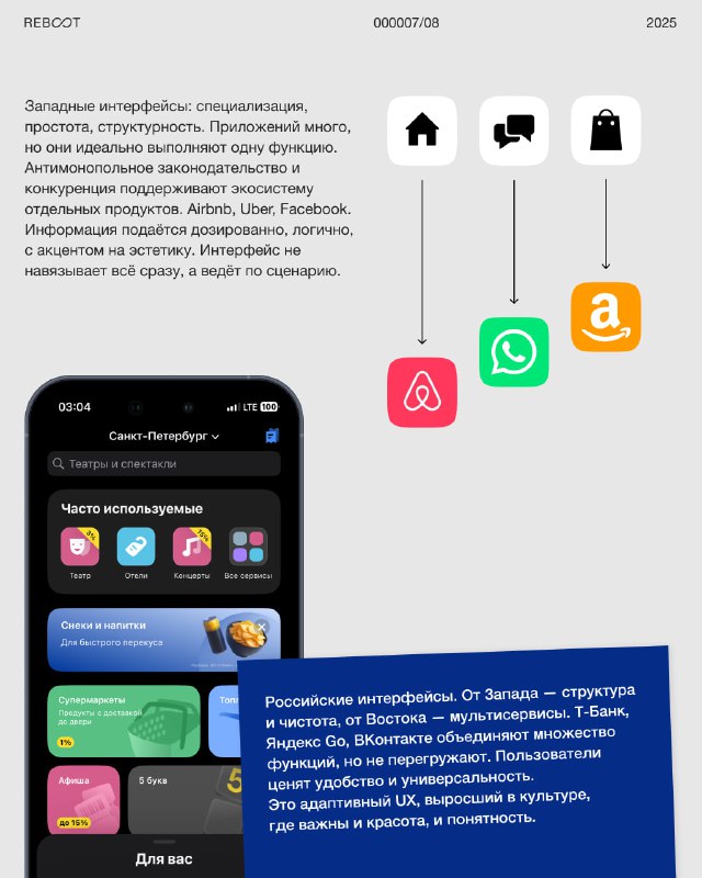 Слайд с примерами экосистем: скриншоты интерфейсов супераппов и иконки известных сервисов, показывающие разницу пользовательских привычек.