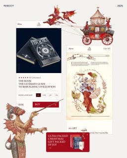 Вид карточки товара и разворота с иллюстрациями книги The Book: сочетание продукта, описания и визуалов из издания в единой композиции страницы.