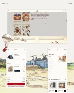 Скриншот интерфейса корзины и элементов оформления чекаута: модуль покупок на фоне иллюстраций и элементов манускрипта, адаптированный для UX.