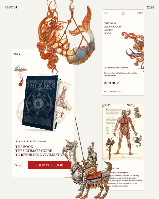 Коллаж иллюстраций и декоративных фигурок вокруг блока покупки: художественные элементы усиливают впечатление коллекционного манускрипта на сайте.