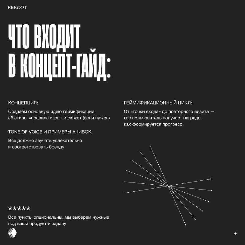 Разворот презентации с перечнем компонентов концепт‑гайда: описание, цели, точки вхождения и примеры механик в чёрно‑белом дизайне.