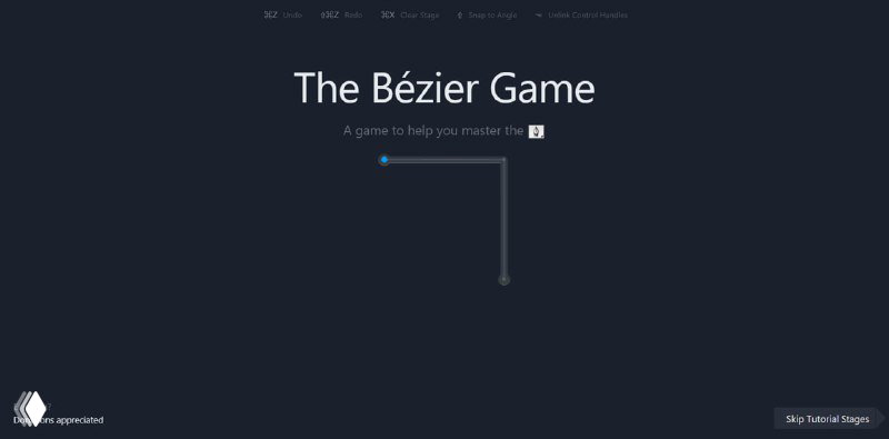 Стартовая страница The Bézier Game: минималистичный интерфейс с направляющей и подсказкой для работы с кривыми Безье и отточения навыка пера.