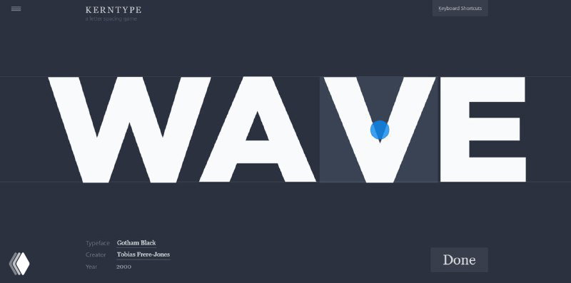 Экран Kern Type: большое слово WAVE и маркер для позиционирования буквы; интерактивный тренажёр кернинга и типографической точности.