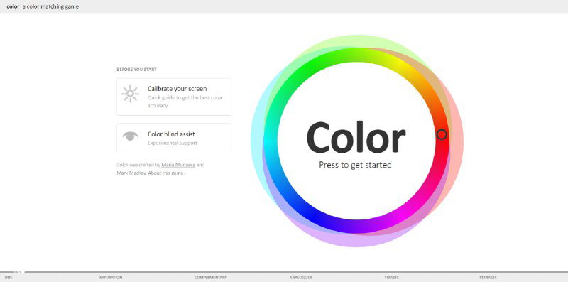Интерфейс Color Method: большой цветовой круг и элементы управления для подбора гармоничных палитр и тренировки чувства цвета на светлом фоне.
