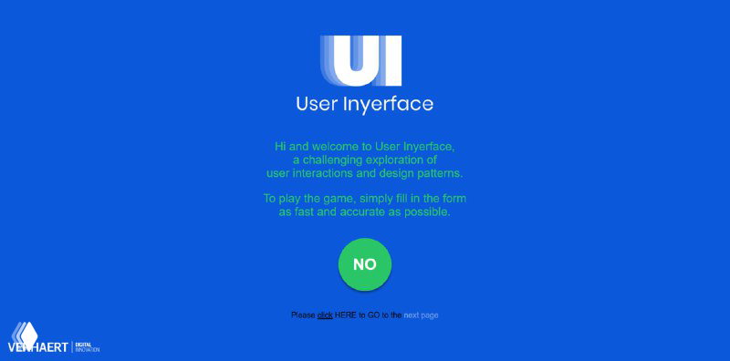 Экран User Inyerface: ярко-синий фон, заголовок 'User Interface' и крупная кнопка 'NO' — пример антипаттернов и запутанных интерфейсов для обучения на ошибках.