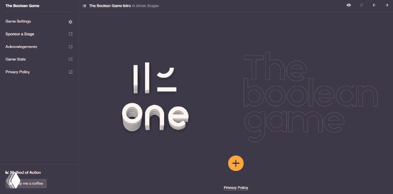 Интерфейс The Boolean Game: тёмная панель с типографикой и 3D-стилизованными элементами, меню упражнений по объединению, вычитанию и пересечению фигур.