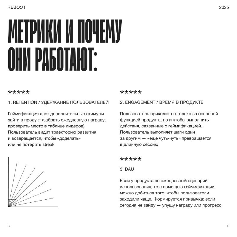 Слайд с заголовком «МЕТРИКИ И ПОЧЕМУ ОНИ РАБОТАЮТ», колонки текста про retention, engagement и другие метрики на тёмном фоне.