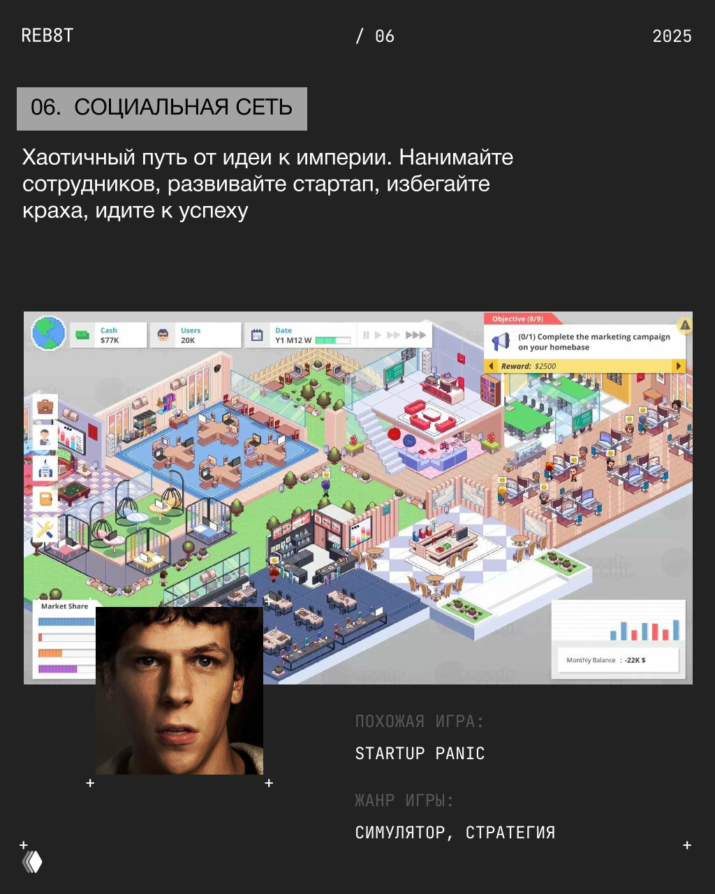 Коллаж: портрет из «Социальной сети» и скриншот симулятора Startup Panic; офисная среда, найм сотрудников и стремление к успеху в стартапе.