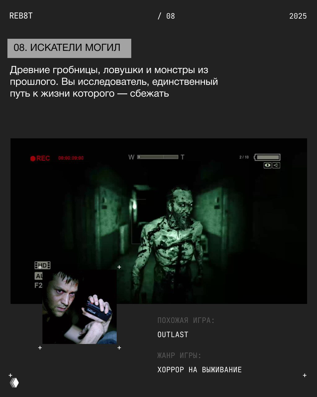 Коллаж: кадр из «Искатели могил» и мрачный скриншот Outlast; древние гробницы, ловушки и атмосферный хоррор на выживание в тёмных коридорах.