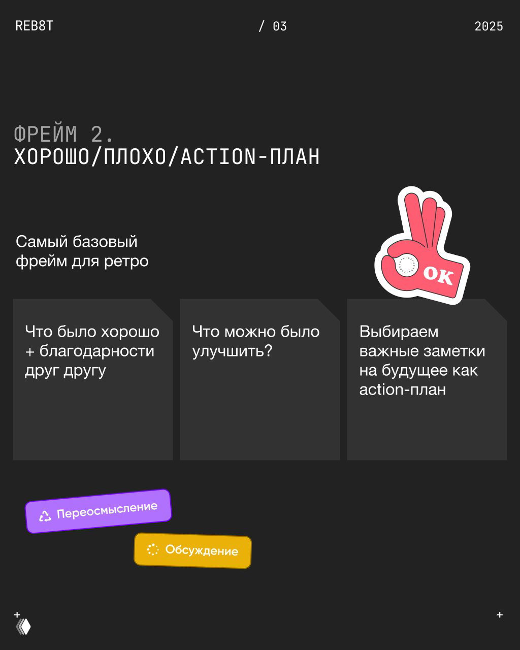 Слайд с фреймом 2: Хорошо/Плохо/Action‑план — три секции для благодарностей, улучшений и выбора заметок в виде action‑плана, украшен стикерами