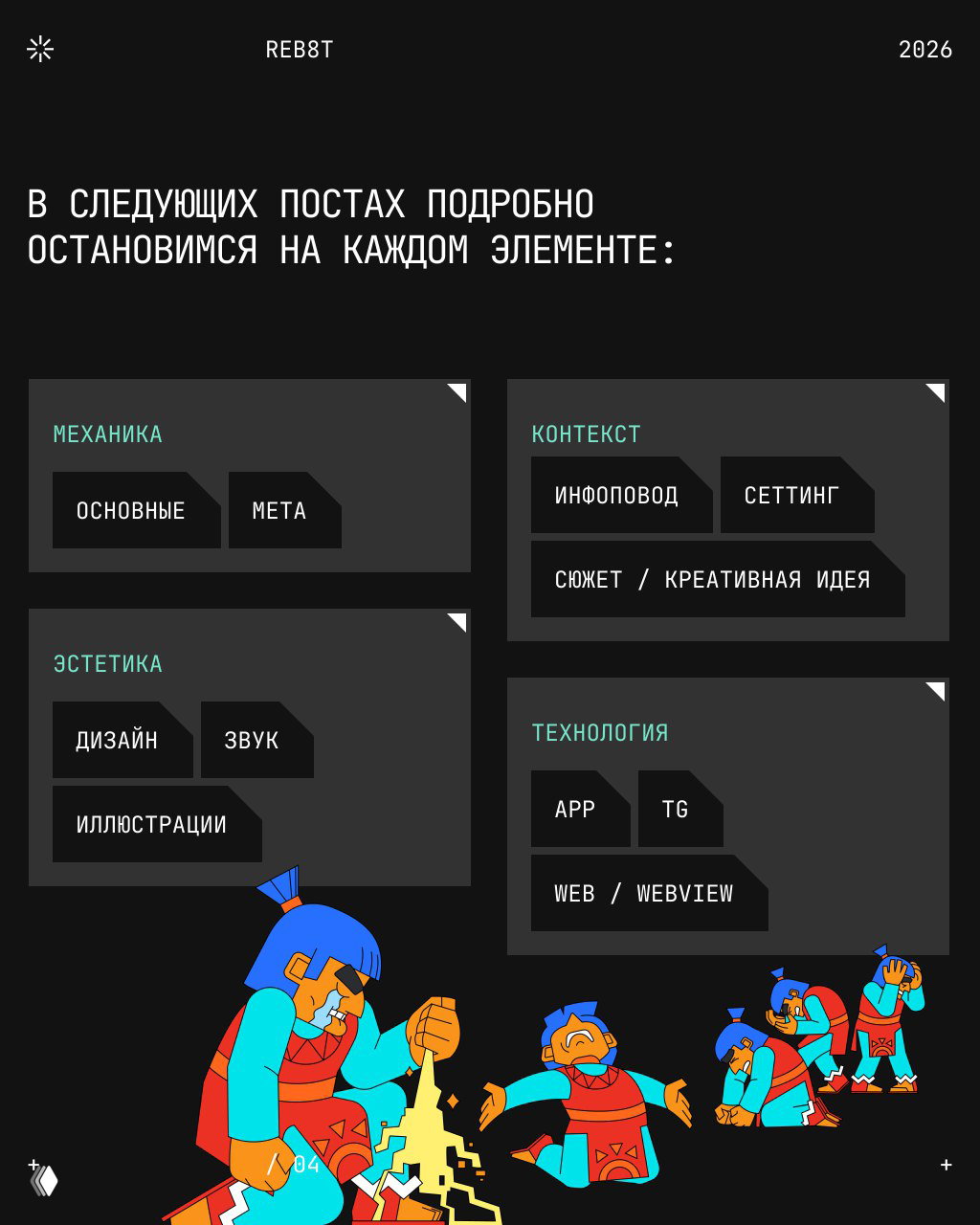 Слайд с сеткой, где перечислены подпункты для механики, контекста, эстетики и технологии: дизайн, звук, сеттинг, платформы (app, web, TG)