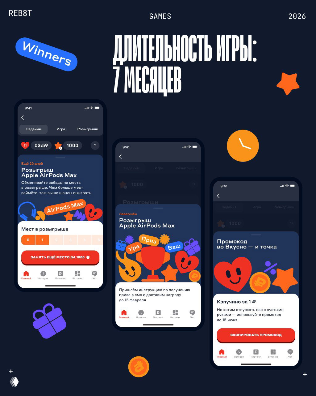Тёмный фон с тремя мобильными экранами, заголовок «Длительность игры: 7 месяцев» и визуальные акценты — трофеи и сердечки, иллюстрирующие метрики кампании.