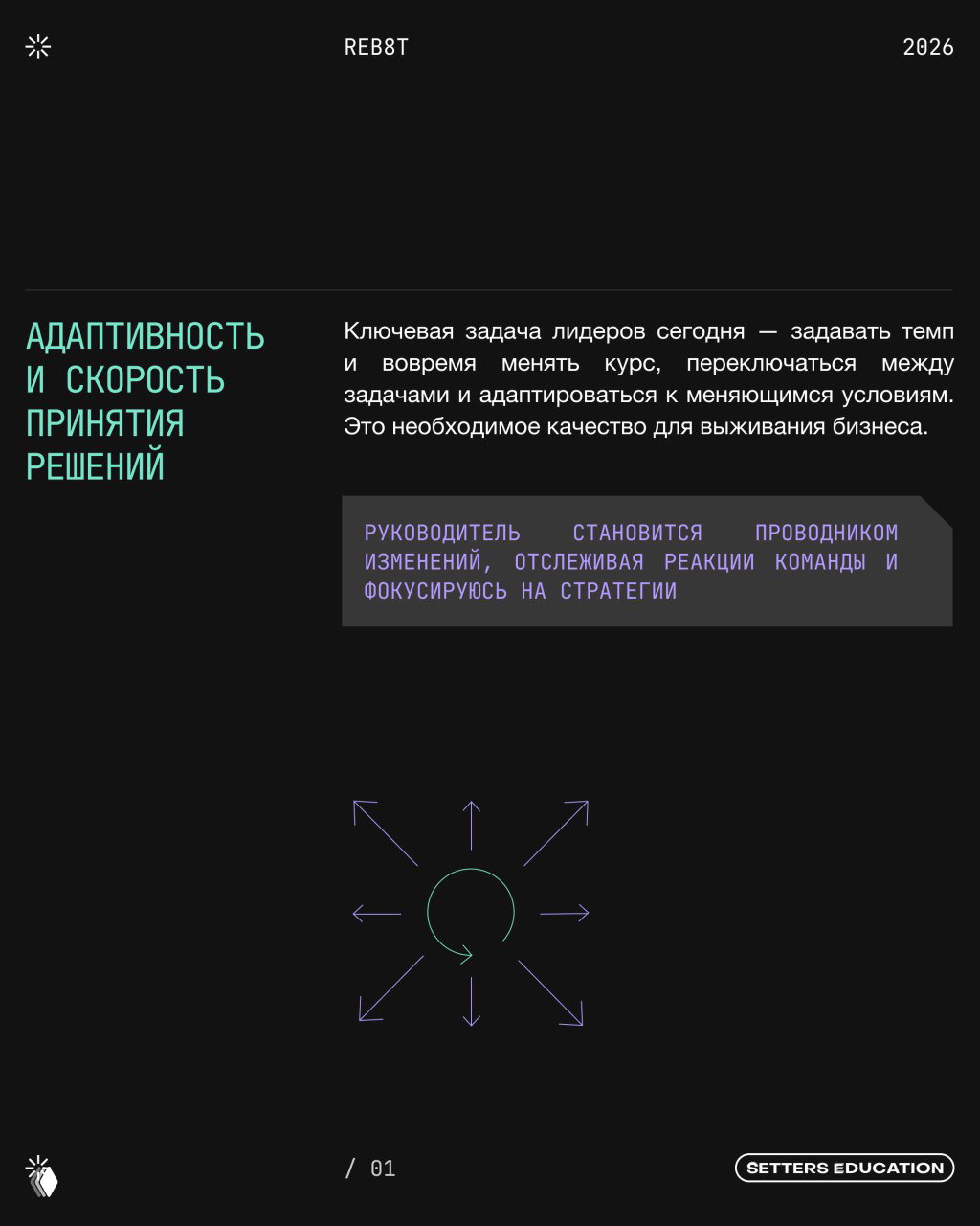 Слайд про адаптивность и скорость принятия решений с текстом и блоком выделенного выноса, иллюстрацией стрелок и поясняющим абзацем на тёмном фоне.