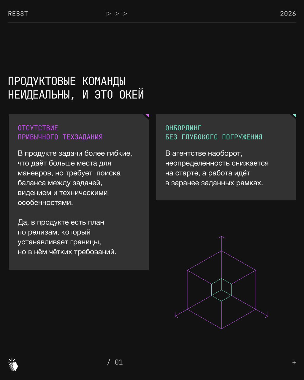 Инфографический слайд с блоками текста о неидеальности продуктовых команд и визуальными элементами в тёмной палитре, акцент на сравнение ролей.