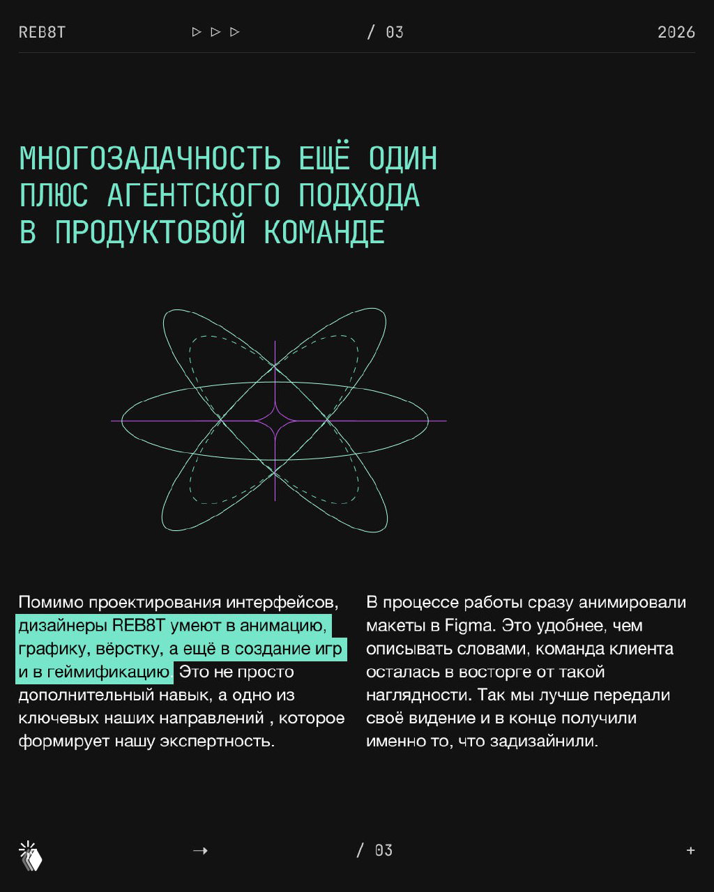 Слайд про многозадачность агентского подхода: текст о навыках дизайна, анимации и геймификации рядом с графикой в фирменных цветах.