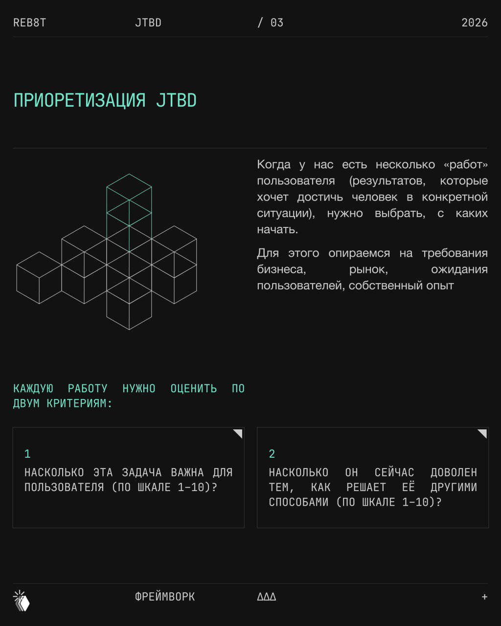 Слайд «ПРИОРЕТИЗАЦИЯ JTBD» с диаграммами и сеткой кубов, объясняющий подход к выбору приоритетных задач пользователя.