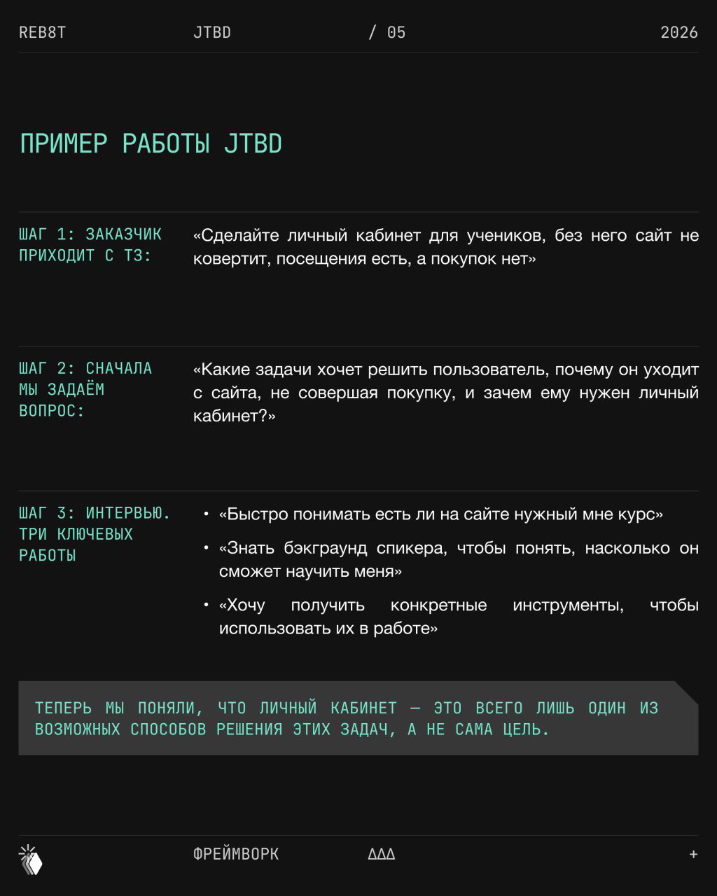 Слайд «ПРИМЕР РАБОТЫ JTBD»: шаги от ТЗ до интервью, ключевые работы пользователя и цитаты, иллюстрирующие реальные нужды.