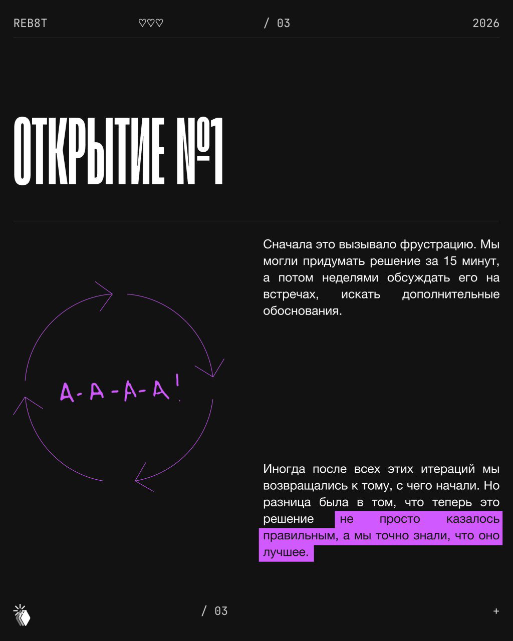 Слайд «Открытие №1»: круговая схема итераций, параграфы про возвращение к решениям и выделение, что решения становились лучше после проверок, монохромная графика.