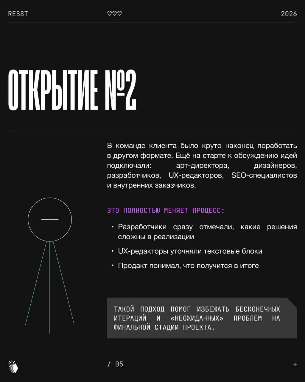 Слайд «Открытие №2»: перечисление эффектов совместной работы с разработчиками, UX‑редакторами и продактом, пункты о снижении итераций и ожиданий в финале проекта.