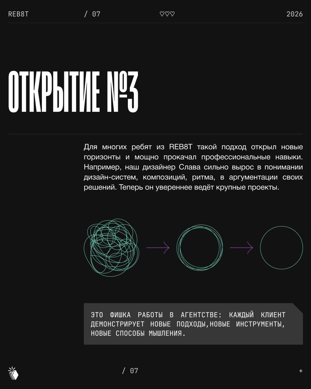 Слайд «Открытие №3»: визуальная метафора перехода от хаоса к упорядоченной идее, текст о прокачке навыков команды REB8T и уверенном ведении проектов после опыта в продукте.