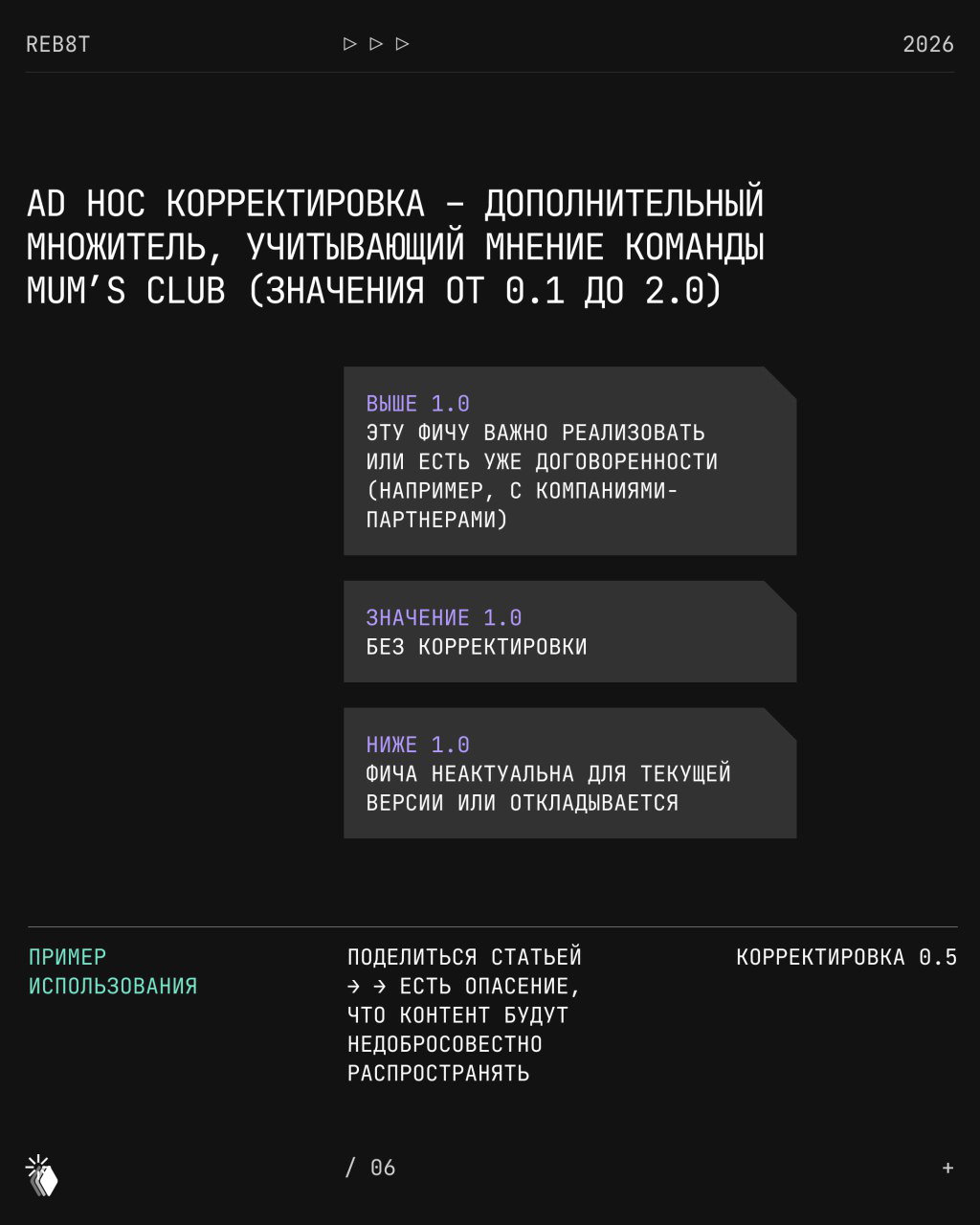 Слайд, разъясняющий ad hoc корректировку (значения от 0.1 до 2.0) с примерами причин увеличения или уменьшения приоритета для команды Mum’s Club.