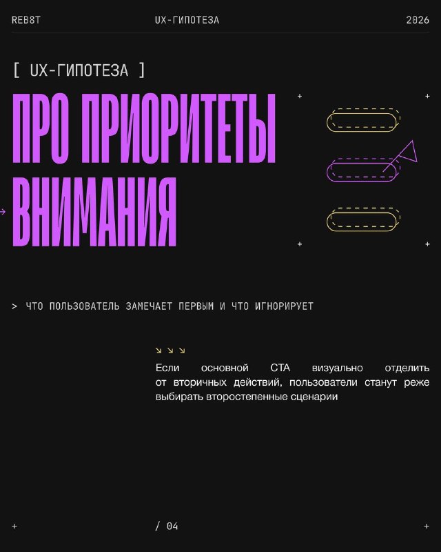 Слайд со шрифтом в лиловом цвете «ПРО ПРИОРИТЕТЫ ВНИМАНИЯ», графические элементы и краткий текст о приоритизации внимания пользователя.