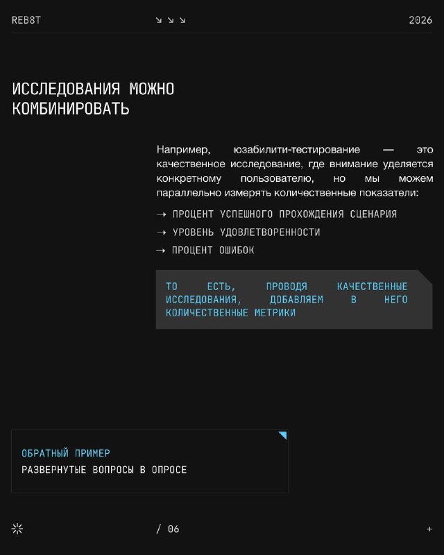 Слайд о комбинировании исследований: блоки текста с примерами комбинированных подходов, формулы для расчёта метрик и рекомендации по порядку методов.