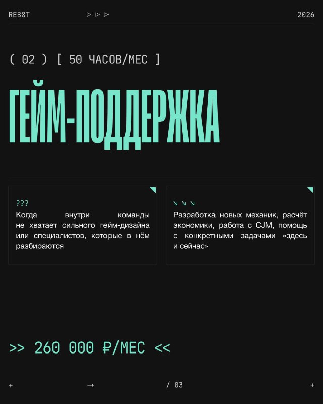 Слайд с тарифом «Гейм‑поддержка», указание 50 часов в месяц, краткие карточки задач и чёрно‑зелёная палитра дизайна с акцентом на цену.