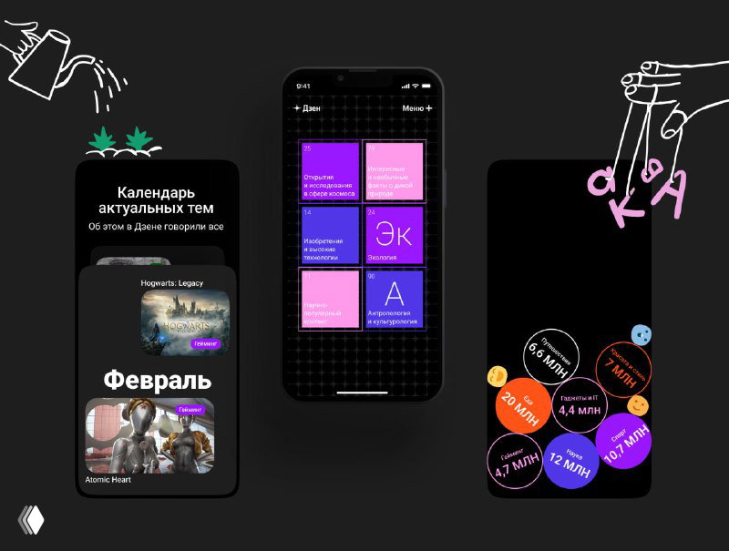 Блок «Календарь актуальных тем»: экран смартфона с сеткой карточек, окружённый мелкими иллюстрациями и декоративными элементами.