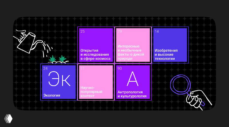 Сетка из визуальных карточек: фиолетово-розовые блоки с тематическими рубриками, подписи и декоративные графические элементы.