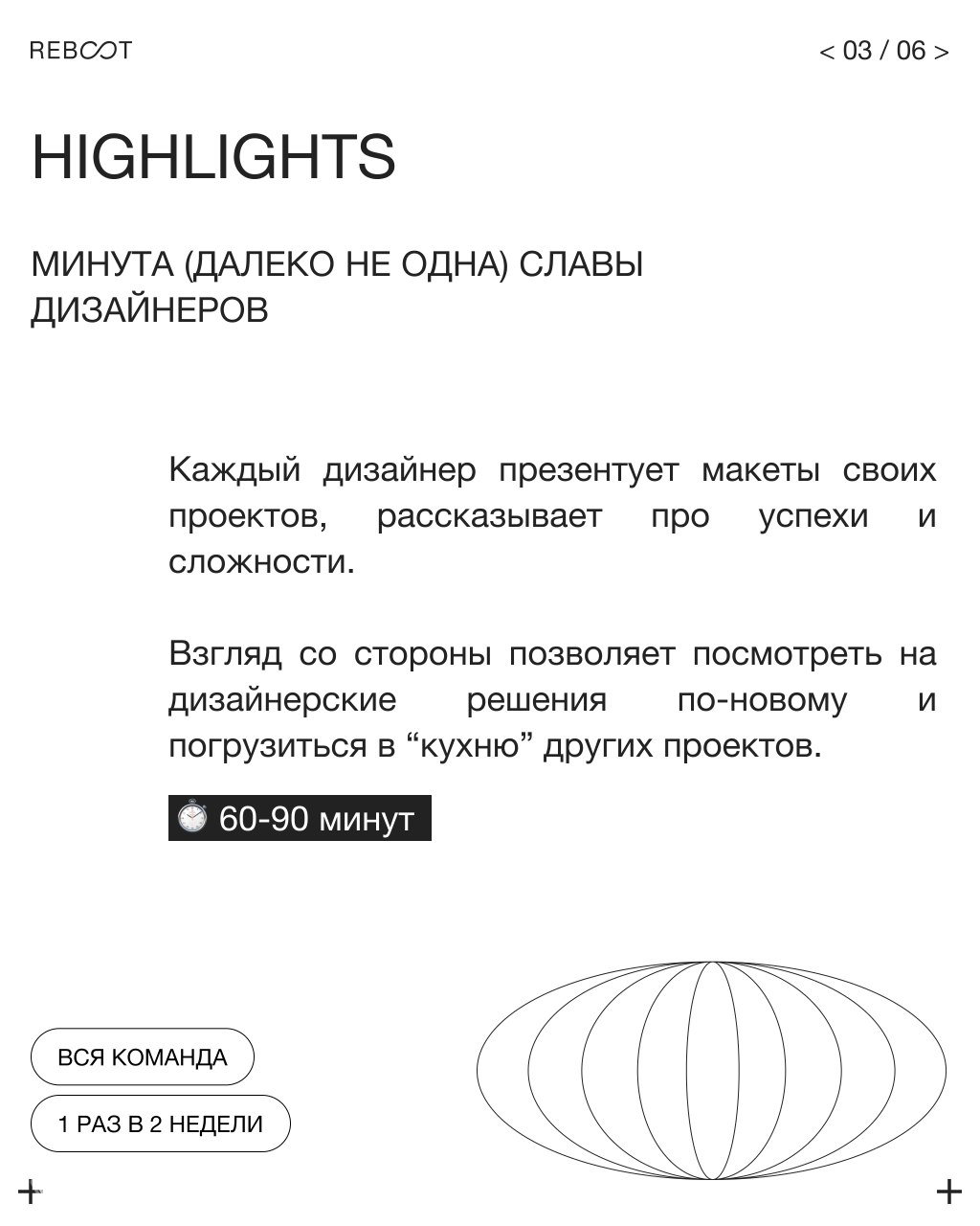 Слайд «highlights»: дизайнеры презентуют макеты своих проектов, текст о пользе внешнего взгляда и возможности погружения в чужие проекты.