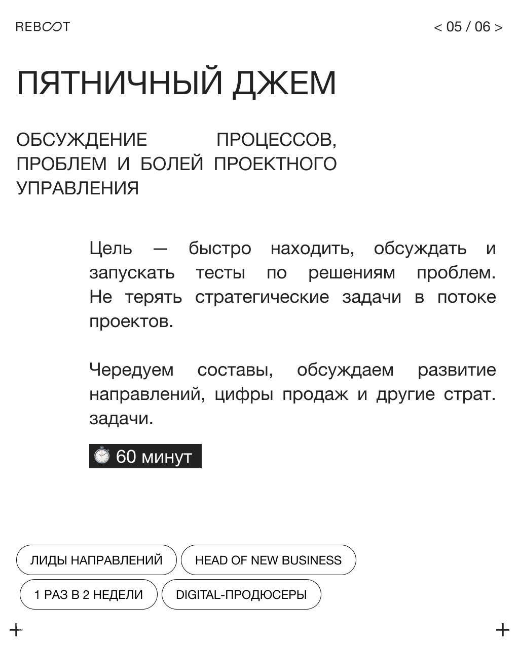 Слайд «пятничный джем»: обсуждение процессов, тестов и стратегических задач, примеры составов и ролей, время сессии указано на слайде.