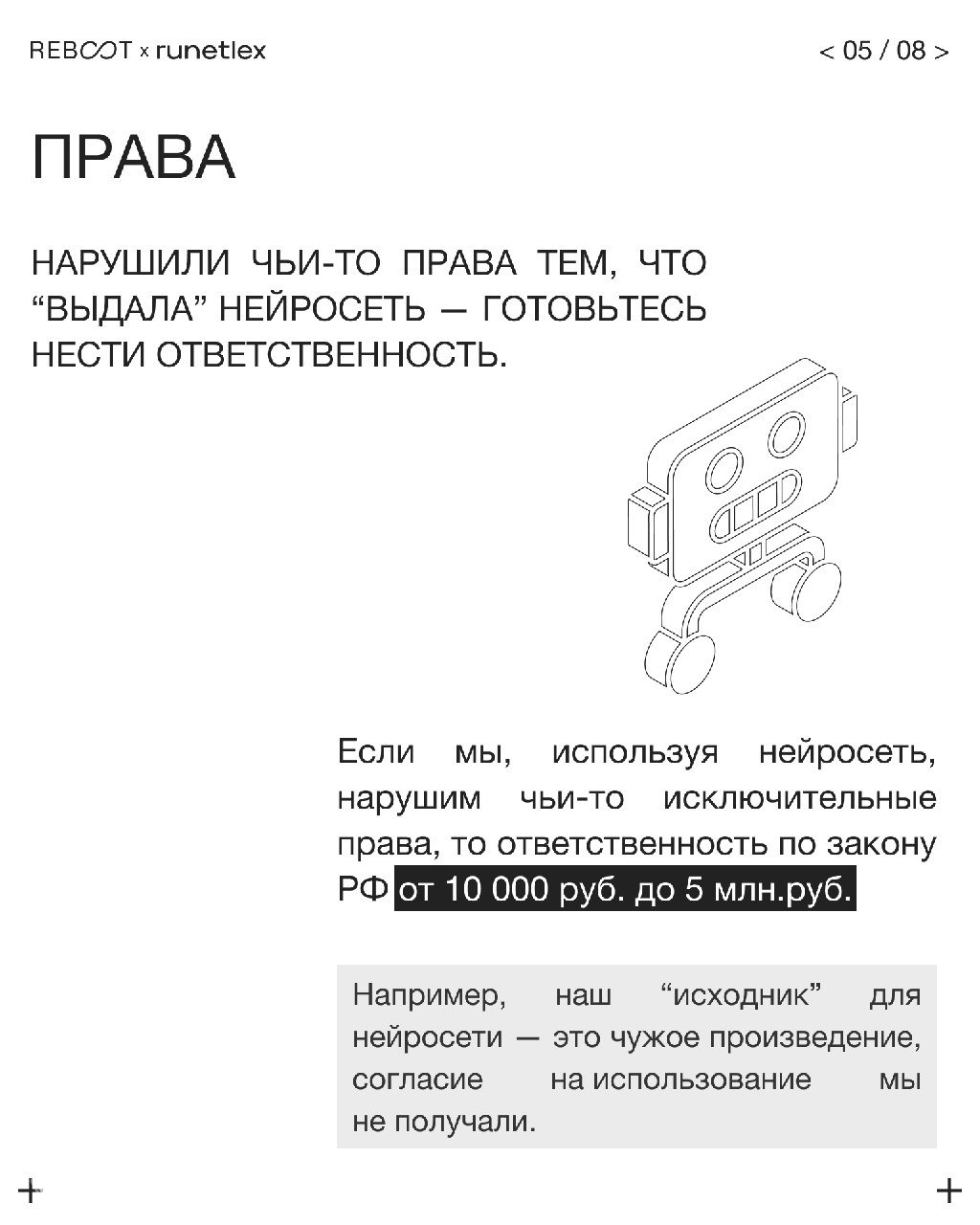 Слайд 5: заголовок «Права» и предупреждение о том, что нарушение исключительных прав при использовании нейросети влечёт ответственность по закону РФ и штрафы от 10 000 до 5 млн руб.
