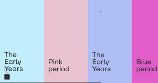 Вертикальные цветные панели пастельных оттенков с текстовыми блоками «The Early Years / Pink period», демонстрация вариантов экранов и визуальных стилей для проектов.