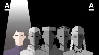 Чёрно‑белая композиция с группой стилизованных силуэтов под прожектором — графический арт для игрового оформления и атмосферы тайны.