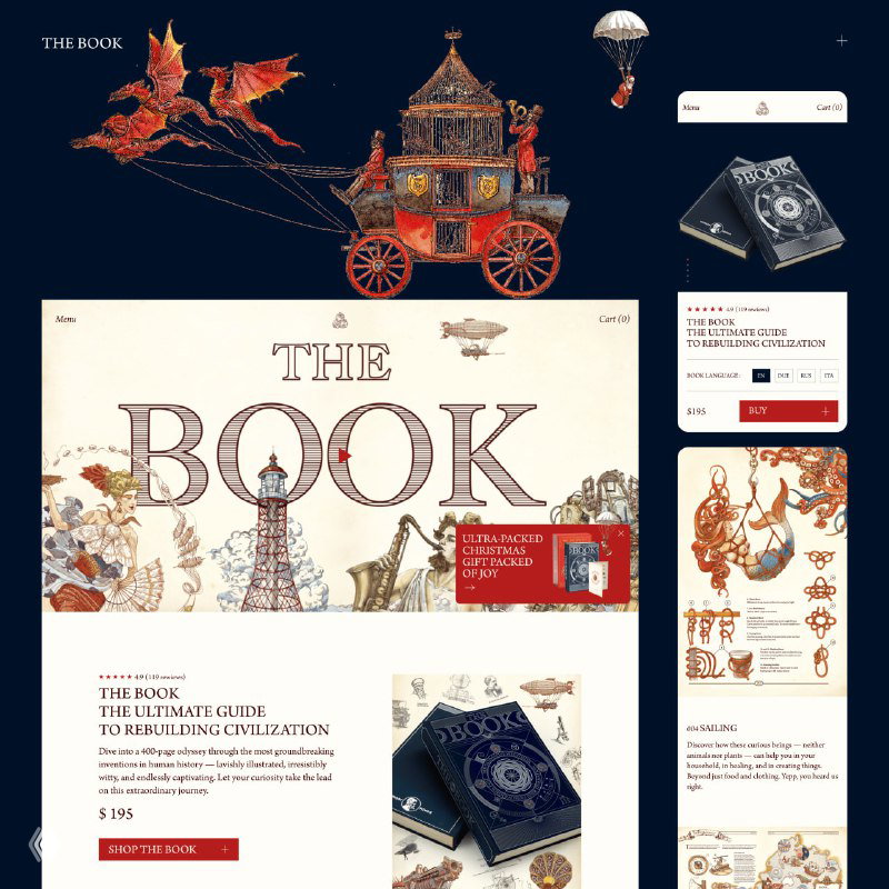 Страница продукта The Book: художественный дизайн обложки и разворотов, элементы манускриптов и блок для покупки на e‑commerce странице