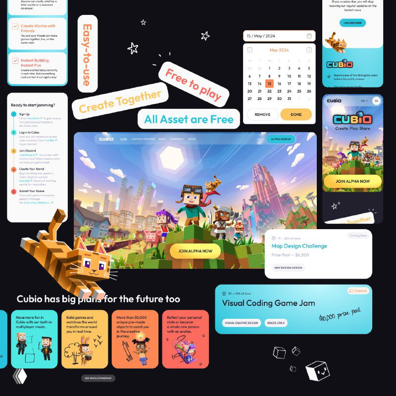 Главная страница CUBIO: яркий игровой UGC‑интерфейс с баннерами событий, карточками проектов и меню для вовлечения сообщества