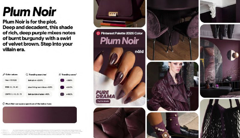 Коллаж Plum Noir: глубокий пурпурно-бордовый тон, примеры люксовых интерьеров, маникюра и модных образов для драматичной атмосферы.
