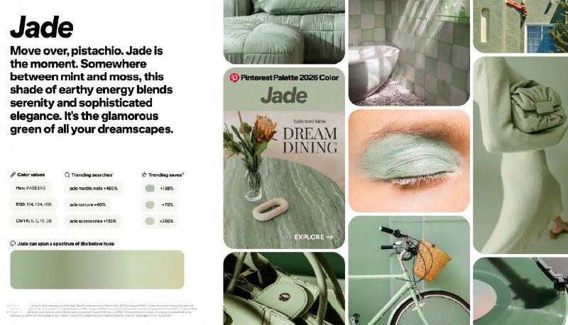 Коллаж Jade: мягкий нефритово-зелёный, образцы палитры, мебель и аксессуары, создающие ощущение заземления и природной элегантности.