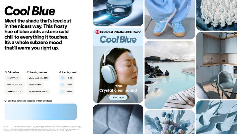 Коллаж Cool Blue: кристально-холодный синий, примеры интерьеров и портретов, передающие ясность ума и визуальную «тишину» пространства.