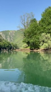 Съёмка с моторной лодки: зелёная река, прибрежные деревья и отражения воды, кадр в движении по течению.