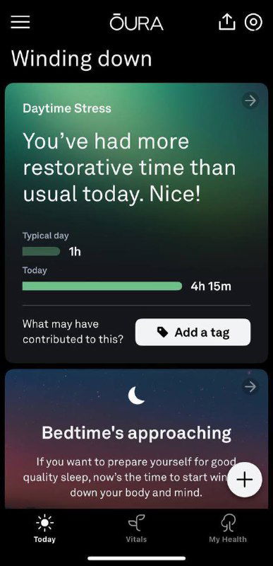 Скриншот экрана приложения Oura: раздел "Winding down" с сообщением о повышенном restorative time и подсказками подготовки ко сну.