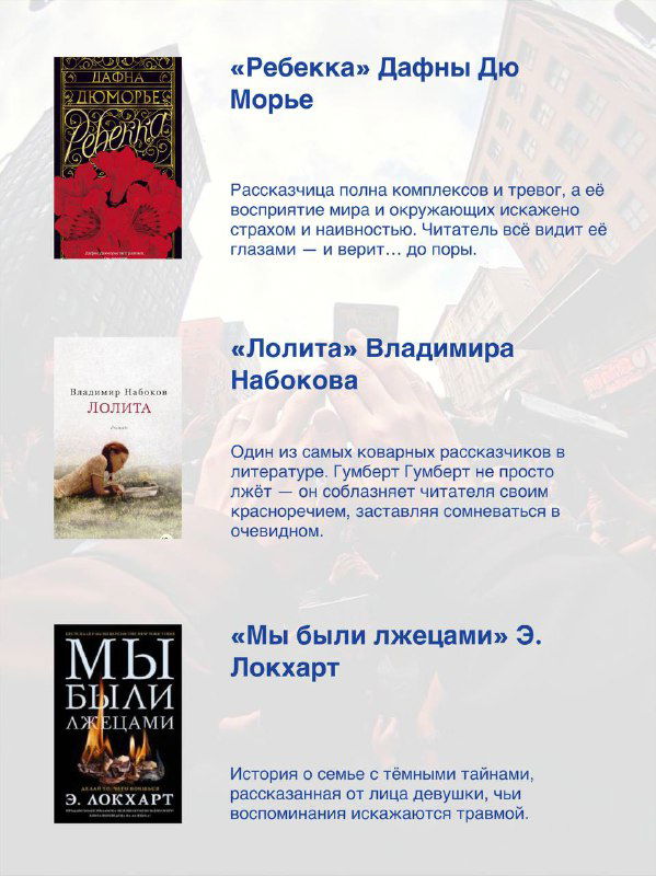 Третий фрагмент списка: миниатюры обложек (включая «Ребекку», «Лолиту» и другие) с короткими рецензиями и оформлением в книжном стиле.