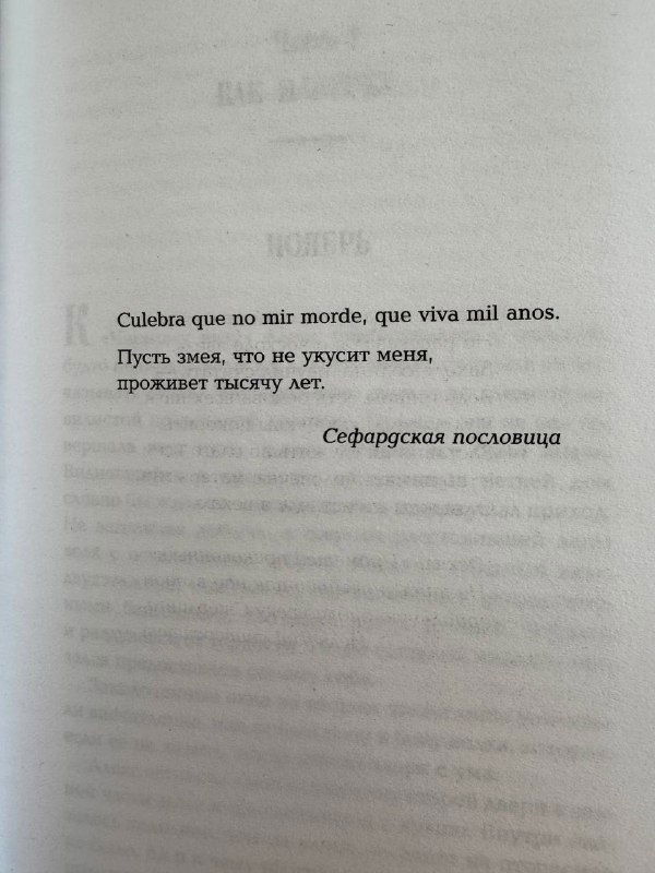 Фотография разворота книги с эпиграфом на испанском и переводом на русском; видна подпись «Сефардские пословицы», бумажная текстура страницы.