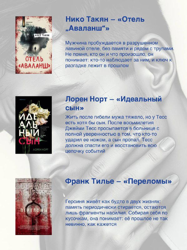 Вторая страница подборки: ряд обложек и описаний книг, каждая аннотация подчёркивает тему утраченной памяти и загадок в сюжете.