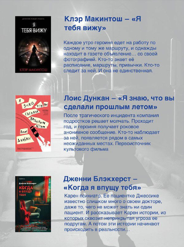 Третья панель с обложками и текстом: список книг — триллеры про паранойю, вторжение в личное пространство и чувство слежки.