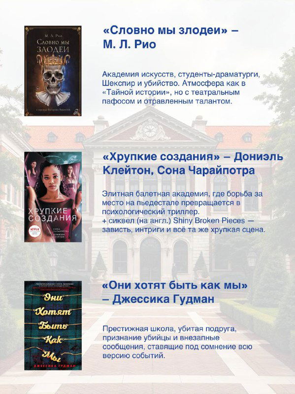 Превью страницы подборки: строчки с названиями и авторами рядом с миниатюрами обложек — акцент на академические интриги и тайны.