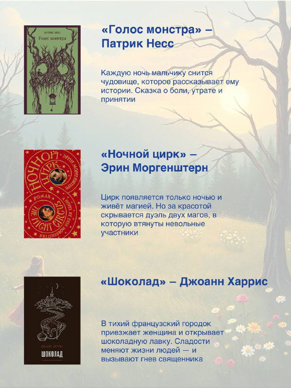 Вертикальная полоса с обложками: «Голос монстра», «Ночной цирк», «Шоколад» и краткие сноски на светлом фоне с иллюстрациями